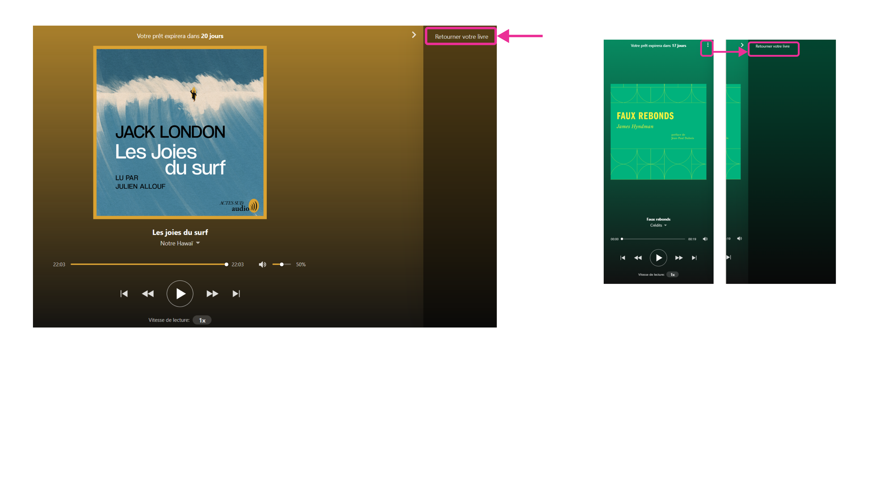 Fonction de retour offerte dans l’interface d’écoute Cantookaudio