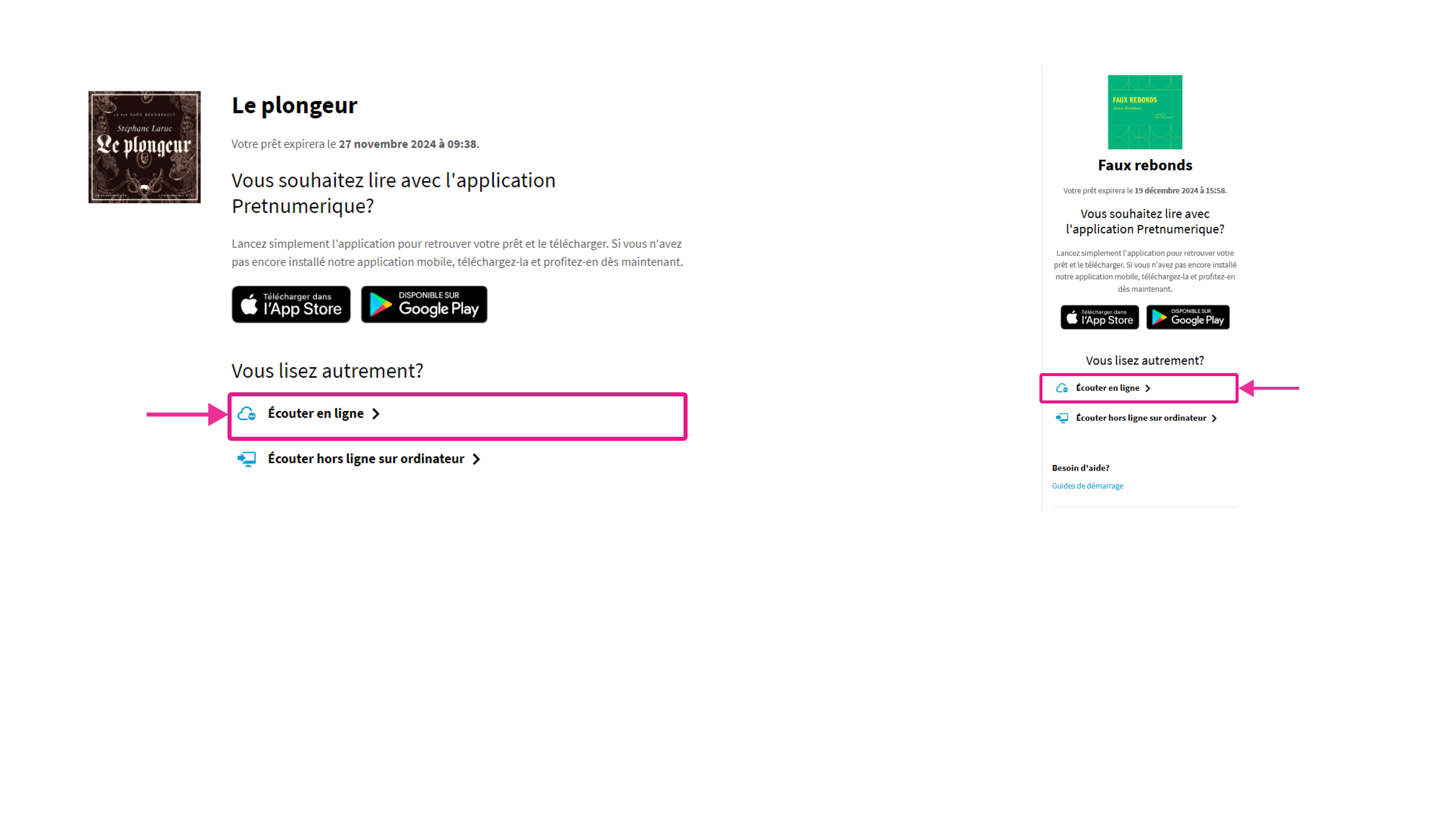 Option d’écoute en ligne pour un livre audio de Pretnumerique.ca
