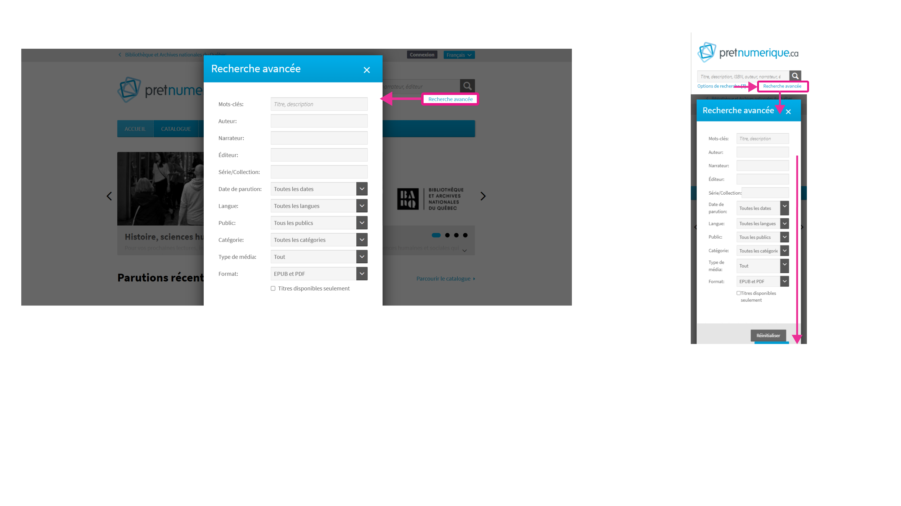 L’interface de recherche avancée de la plateforme Pretnumerique.ca