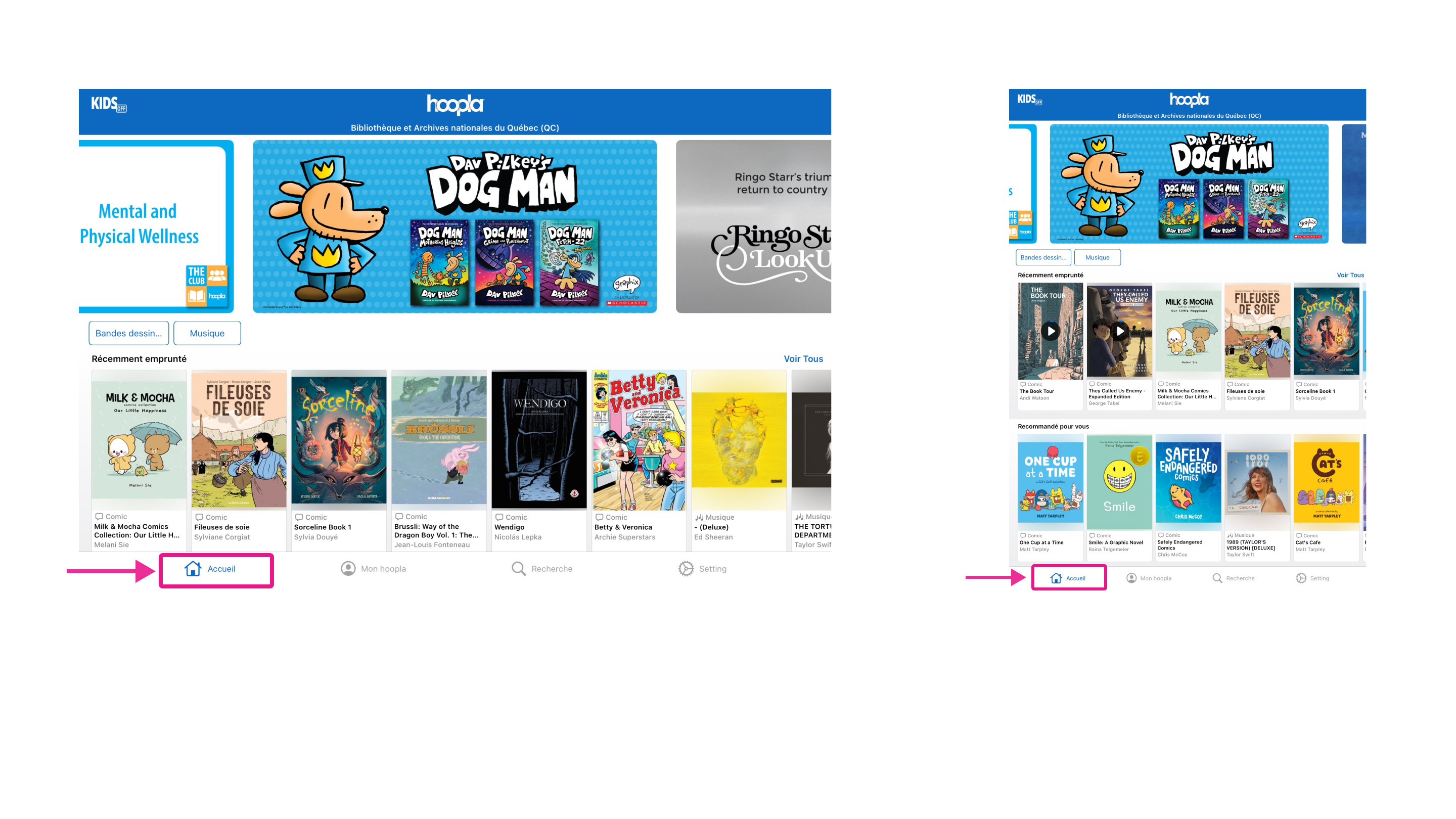 Page d’accueil de l’application Hoopla