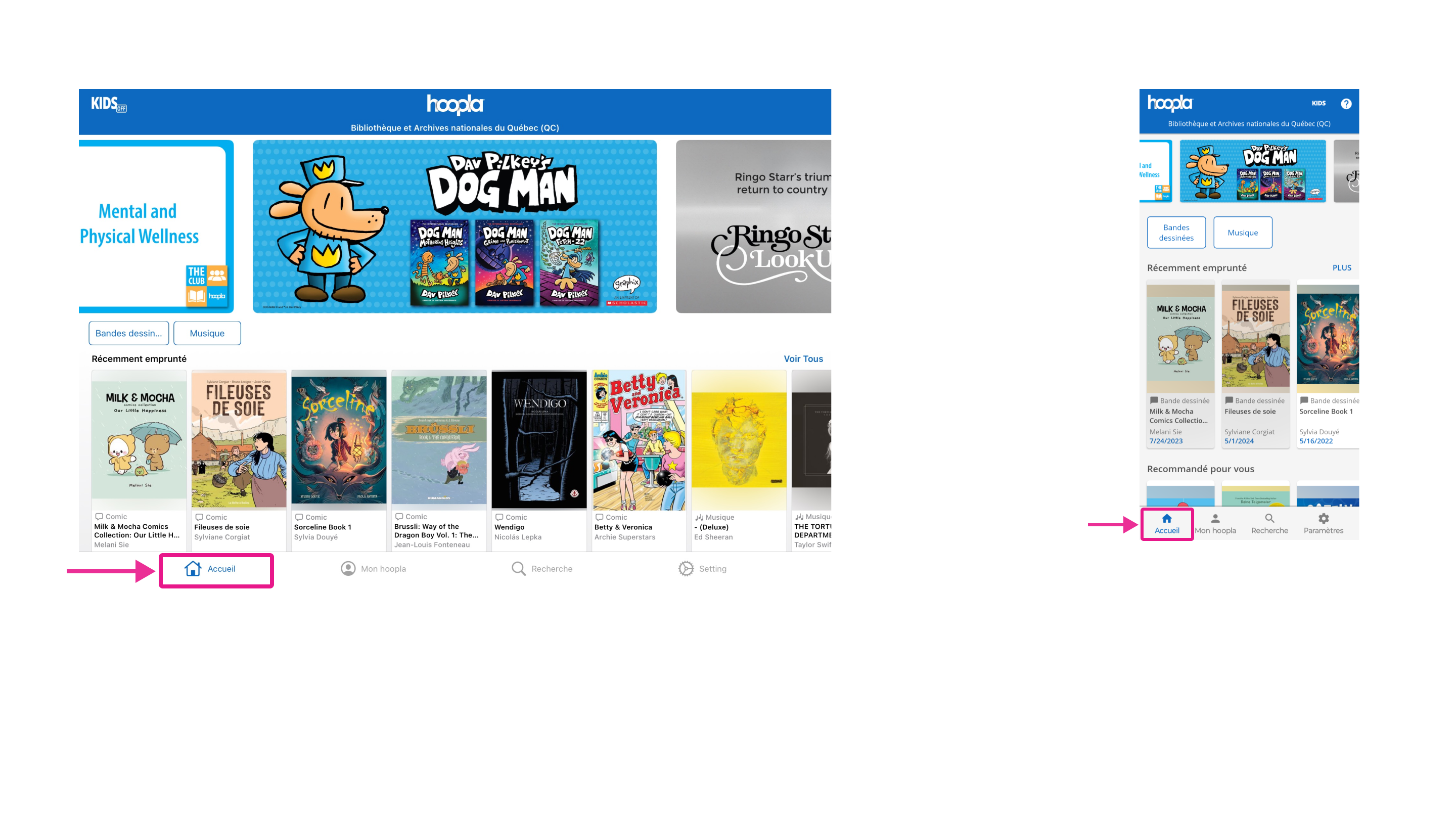 Page d’accueil de l’application Hoopla