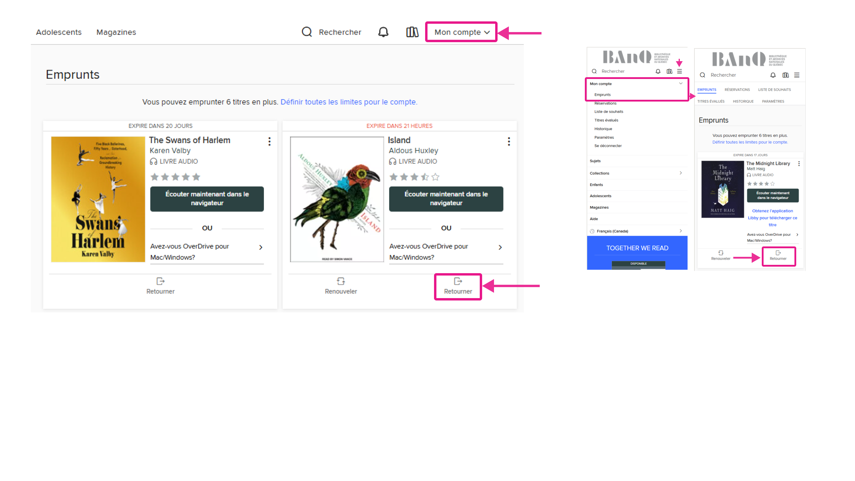 Exemple d’un retour effectué de la plateformes OverDrive 