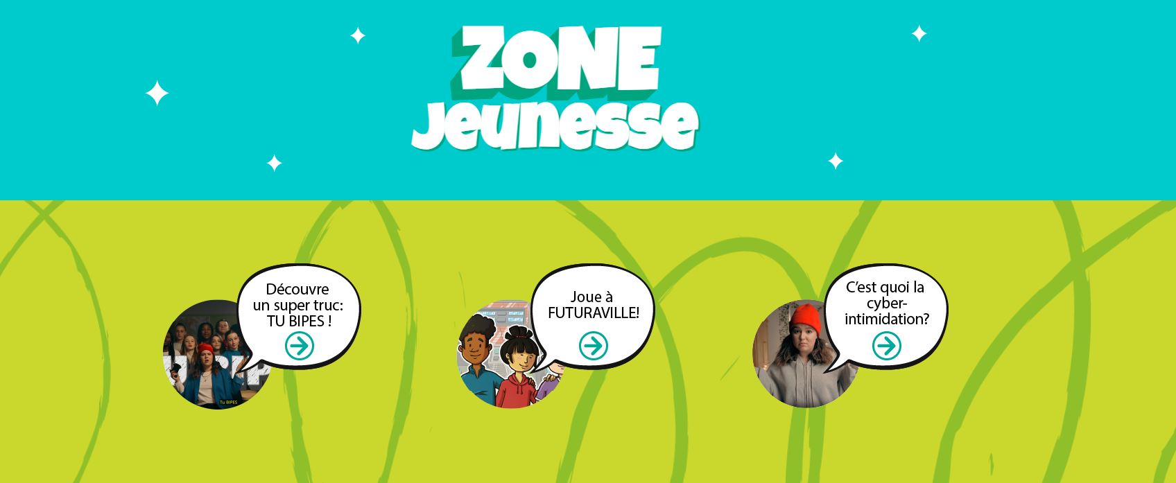 Bandeau de site web. Le fond de l'image est bleu-turquoise et vert et l'on peut y lire « Zone Jeunesse ».