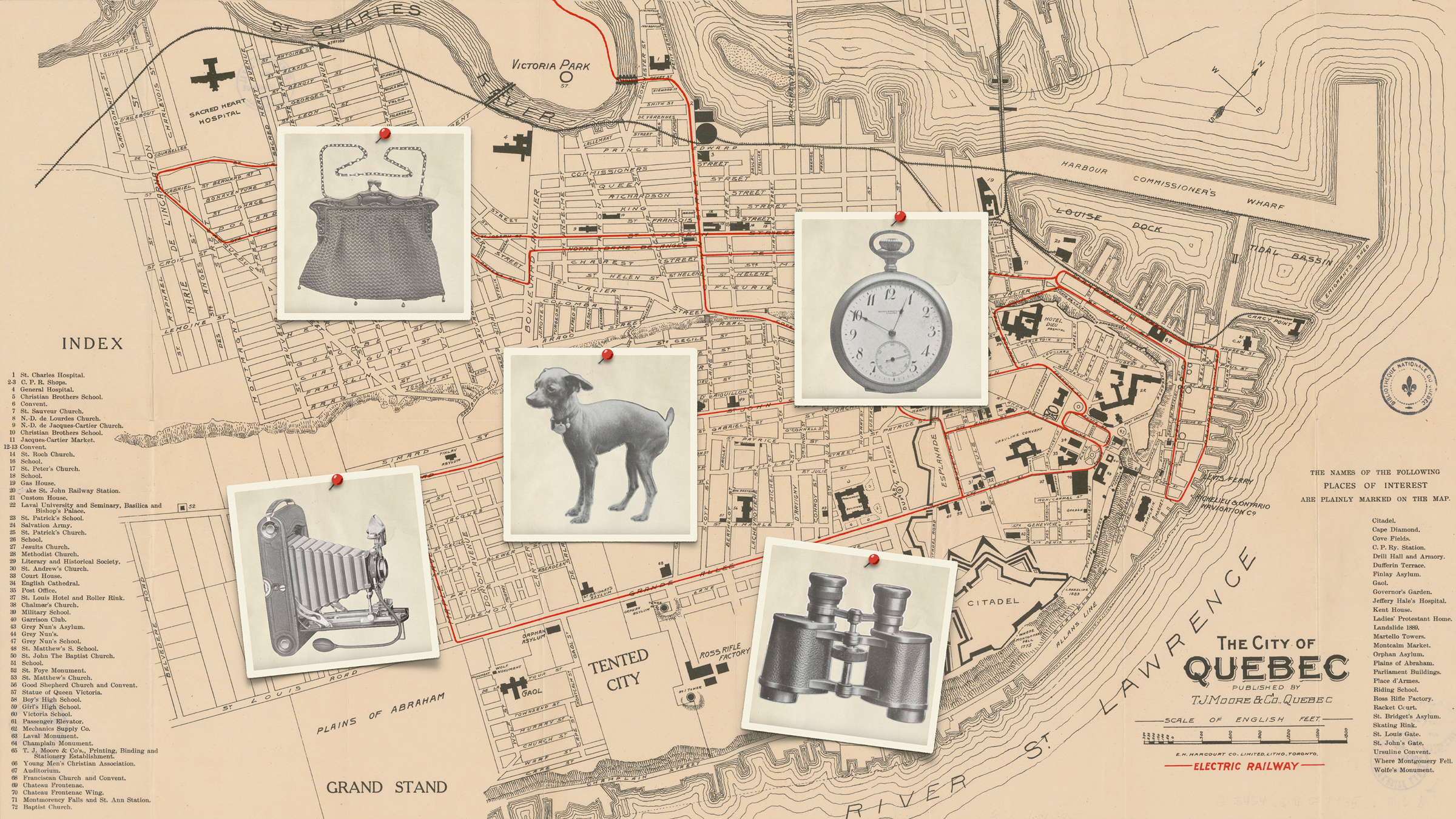 Photomontage d’objets perdus sur le plan du Tramway de la Ville de Québec