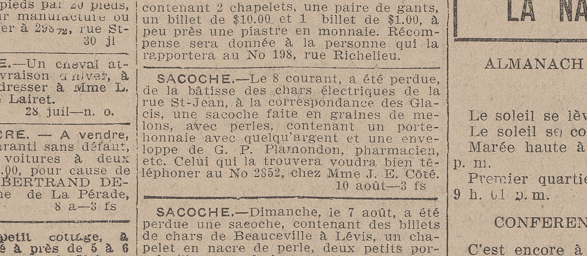 Coupure de journal décrivant la perte d'une sacoche