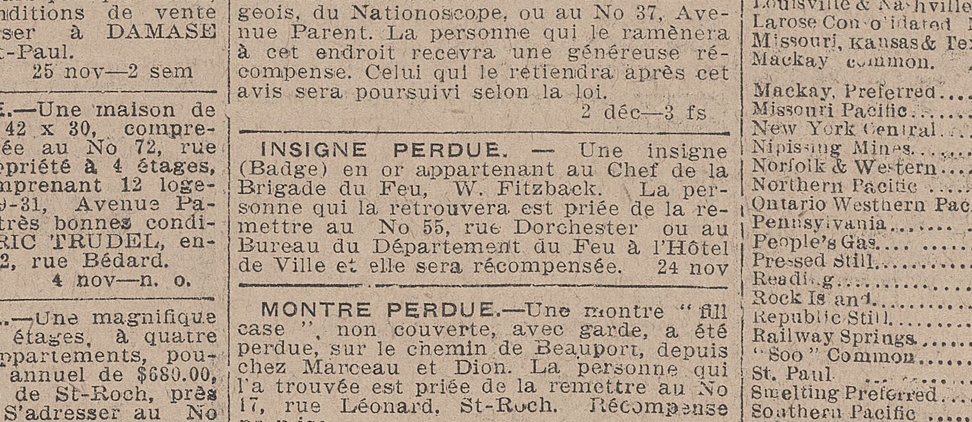 Annonce d’un paquet perdu parue dans le journal Le Soleil en 1910