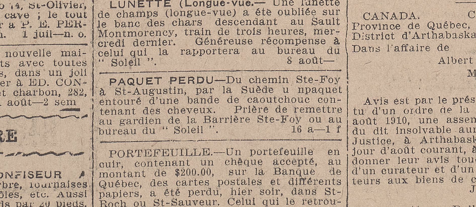 Coupure de journal décrivant la perte d'un paquet contenant des cheveux