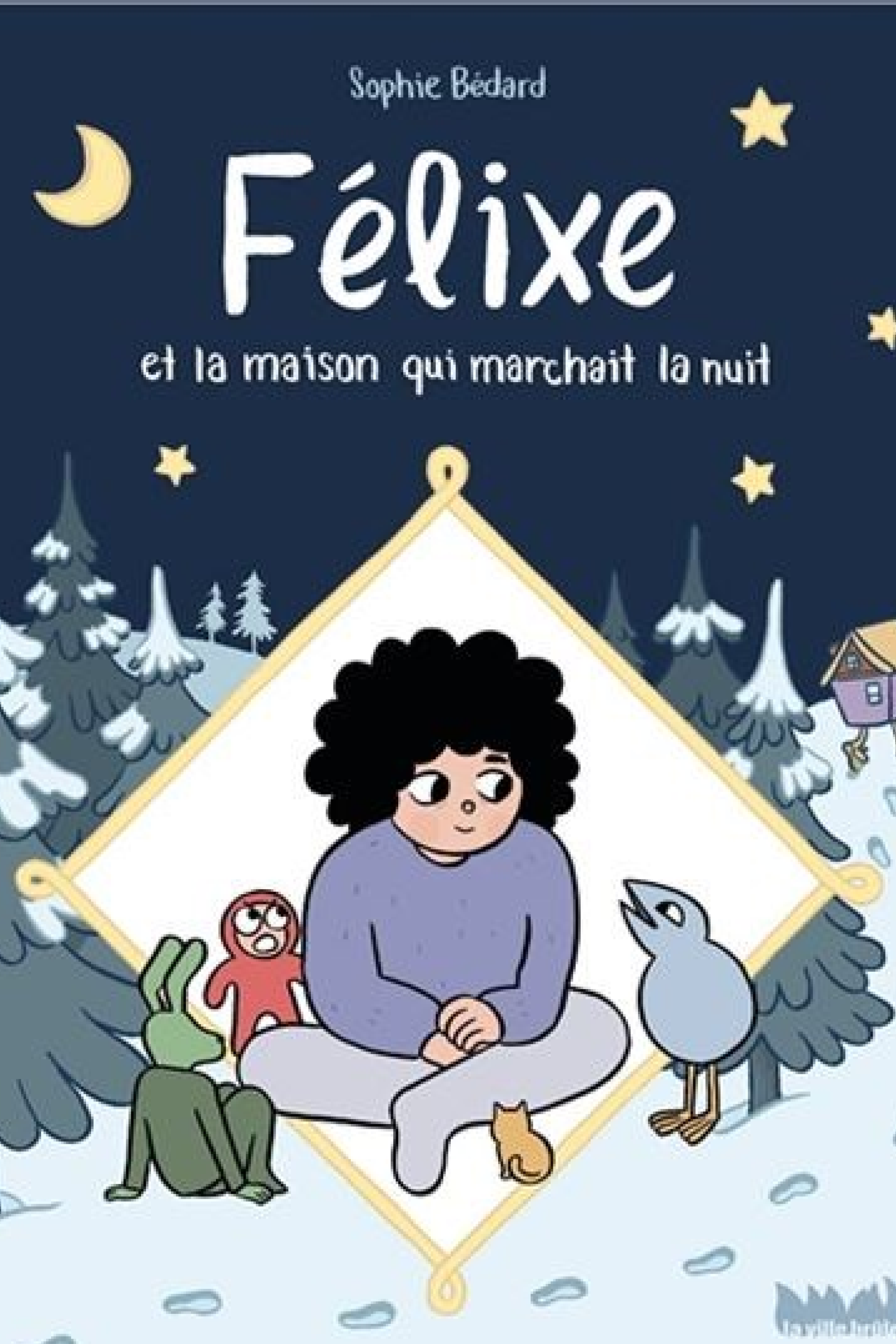 Illustration de quatre personnages, une forêt et une maison qui s’éloigne sur deux jambes.