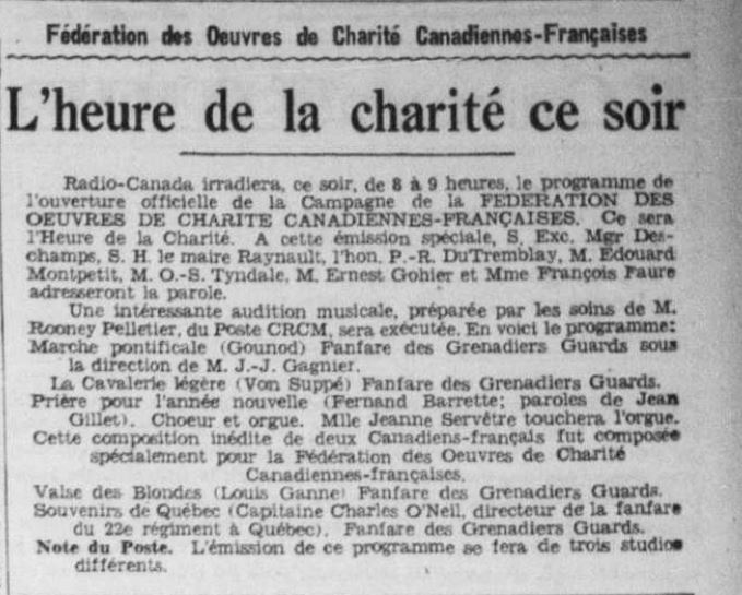 Article de journal portant sur l'heure de la charité à la radio