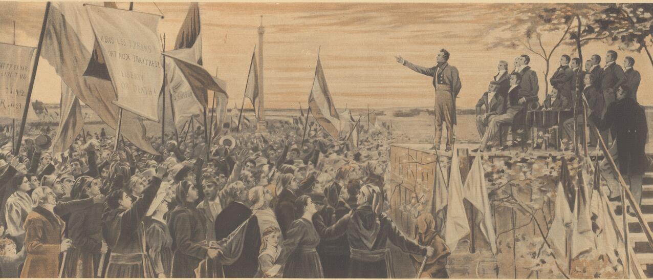Louis-Joseph Papineau prononçant un discours devant une foule à l'assemblée des six comtés à Saint-Charles-sur-Richelieu