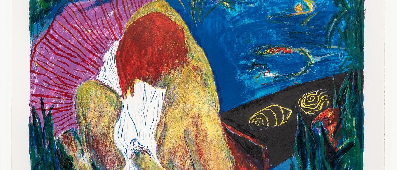 illustration d'une femme avec son enfant dans les bras et le fleuve derrière eux