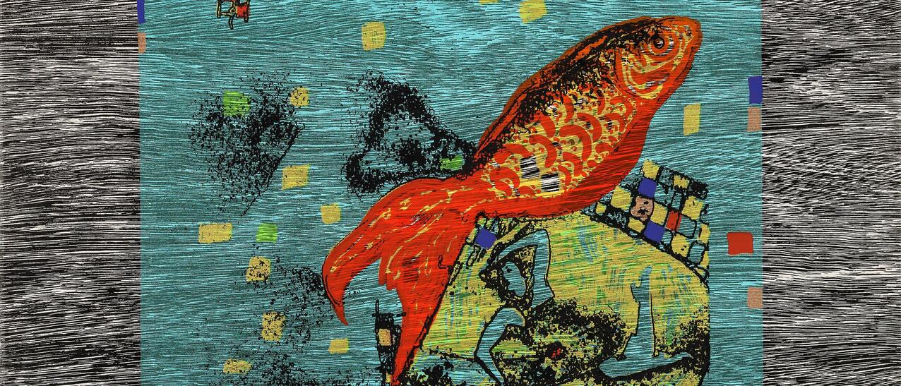 Illustration d'un poisson jaune et orange sur fond bleu, vert et avec des petits carrés rouge, vert et bleu.