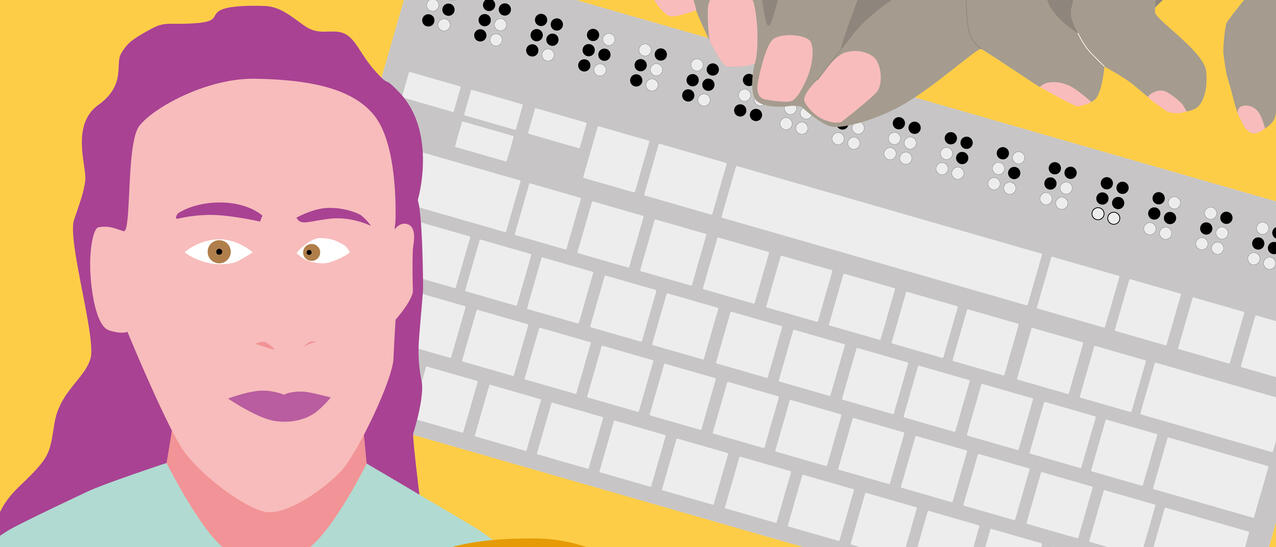 Illustration. Une personne utilise un clavier braille, une autre écoute le son de son téléphone mobile, une troisième a du strabisme.
