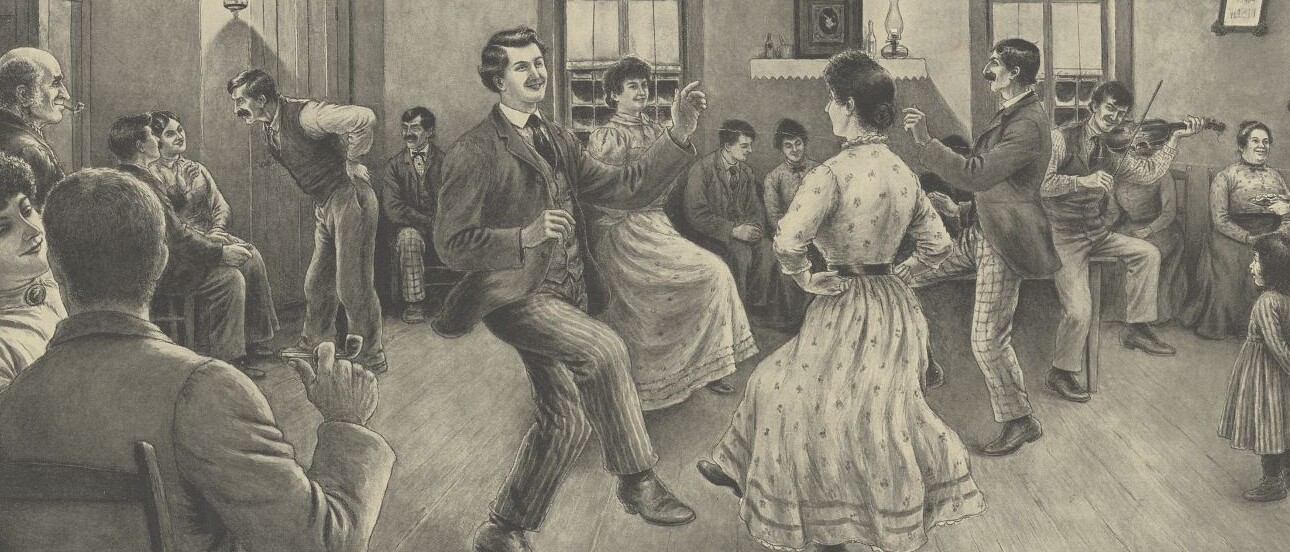 Illustration. Des gens dansent et d'autres discutent pendant qu'un homme joue du violon.