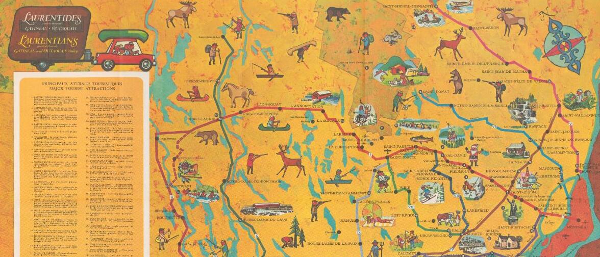Carte picturale de la région de Gatineau sur laquelle on aperçoit notamment des animaux dessinés.