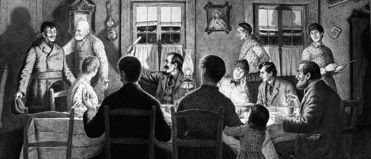Illustration en noir et blanc d'un réveillon de Noël avec une famille à table