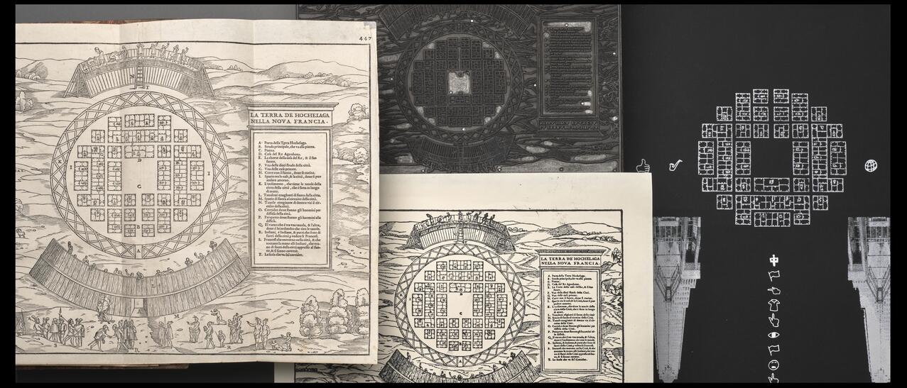 Photographie de plusieurs documents superposés reprenant la représentation du village d’Hochelaga.