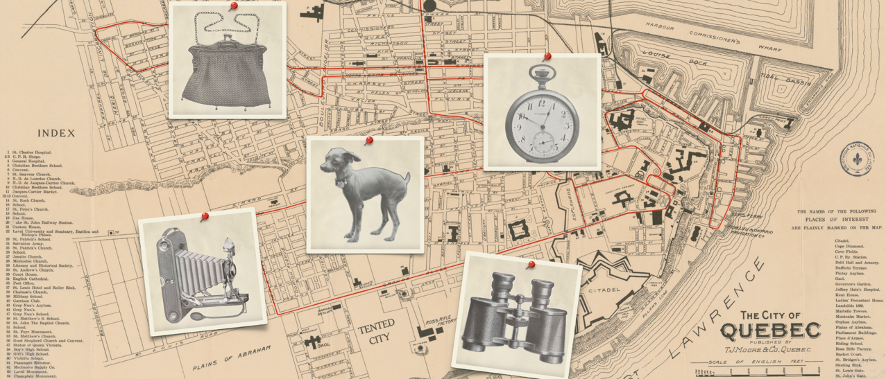 Photomontage d’objets perdus sur le plan du Tramway de la Ville de Québec