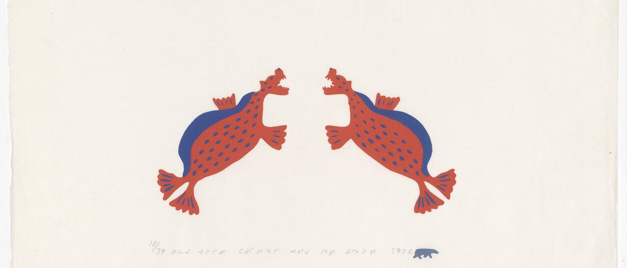 Estampe d’art autochtone représentant deux phoques stylisés, aux formes fluides et aux motifs traditionnels, évoquant la connexion entre la nature et la culture.