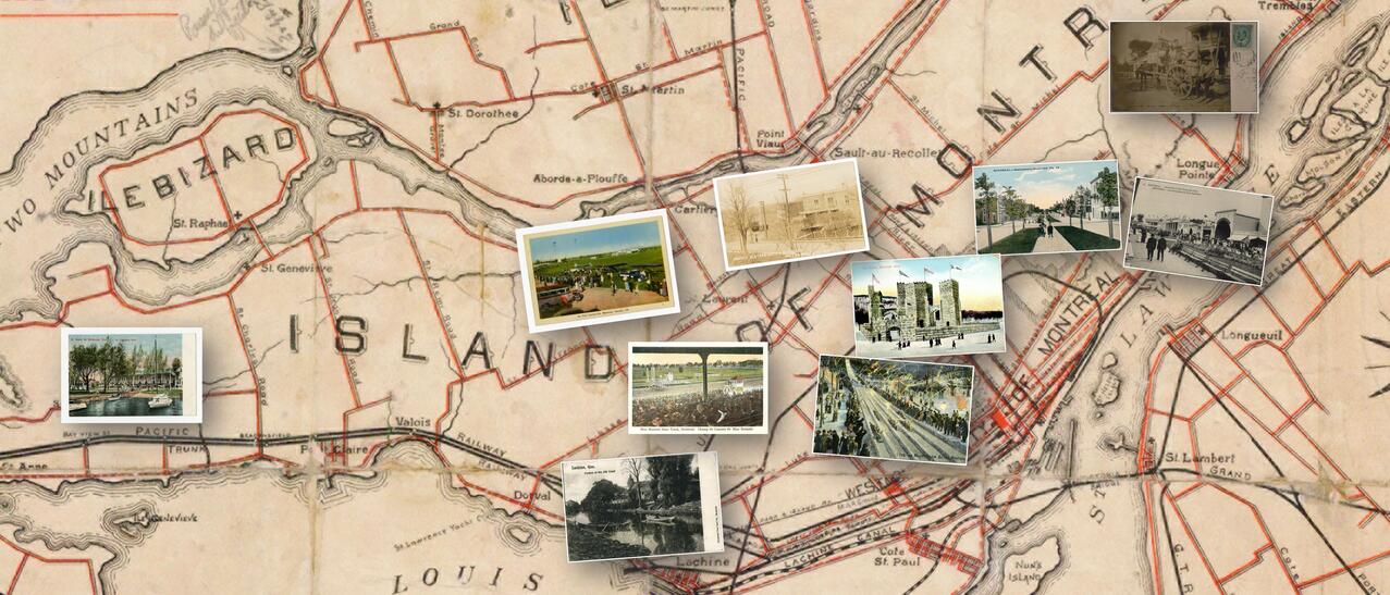 Plan figuratif de lieux disparus sur l’île de Montréal (carte des pistes cyclables et cartes postales).