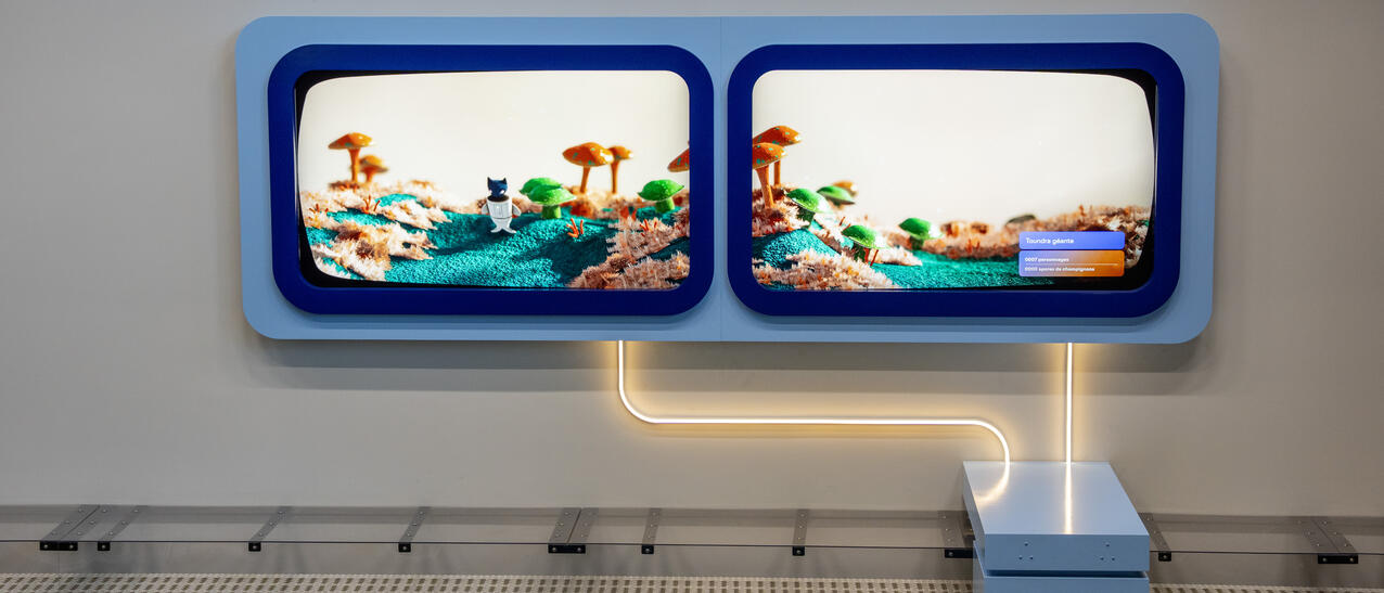 Deux écrans montrent un paysage imaginaire.