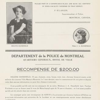 Avis de recherche de Hélène Handfield, 10 ans, affiche, 1925.