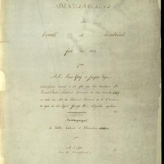 Dénombrement du comté de Montréal fait en 1825 par MM. Louis Guy et Jacques Viger..., page couverture, 1825