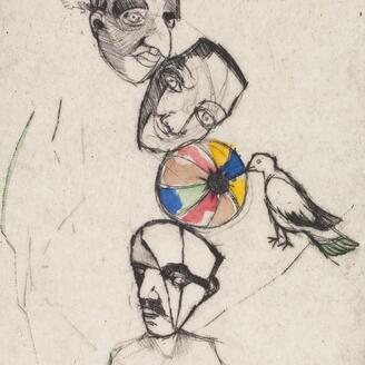 Estampe montrant trois visages, un oiseau et un ballon.