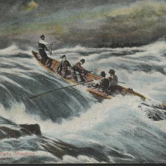 Cinq hommes sur un canot traverse les rapides de Lachine