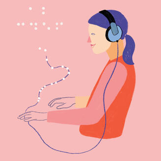 Illustration. Femme portant un casque d'écoute. Écriture braille.