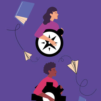 Illustration. Femme tenant une boussole. Homme tenant une roue d'engrenage.