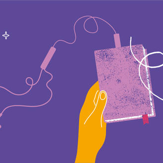 Illustration. Livre dans lequel sont branchés des écouteurs.
