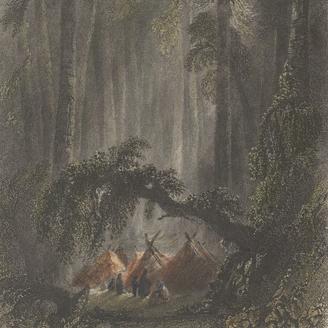 Estampe montrant un campement dans une forêt, la nuit.