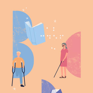 Illustration. Une personne amputée de la jambe, une autre en fauteuil roulant et une troisième avec des lunettes fumées et une canne.