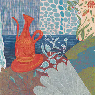 Illustration, carafe, nappes et tapisserie à motifs fleuris.