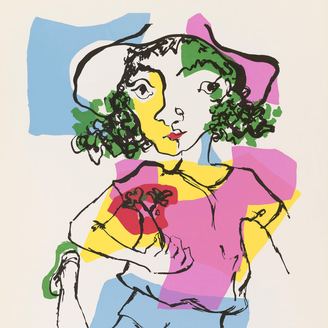 Dessin, jeune femme frisée portant un chapeau et des vêtements colorés.
