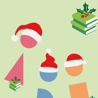 Illustration de bonhommes avec des chapeaux de Noël et des livres