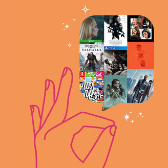 Illustration montrant une main qui tient une bulle contenant des pochettes de disques, affiches de films et jeux vidéo.