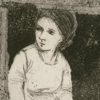 Estampe montrant une femme à la fenêtre.