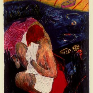 illustration d'une femme avec son enfant dans les bras et le fleuve derrière eux
