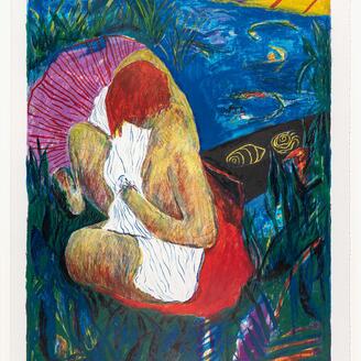 illustration d'une femme avec son enfant dans les bras et le fleuve derrière eux
