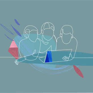 Illustration de trois élèves assis devant un ordinateur portable.