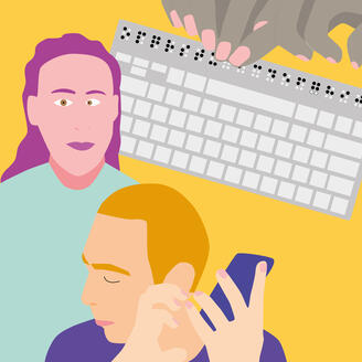 Illustration. Une personne utilise un clavier braille, une autre écoute le son de son téléphone mobile, une troisième a du strabisme.
