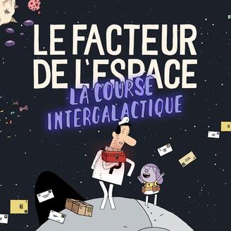 Dessin en couleur, représentant un facteur habillé en blanc, sur une planète grise, avec des lettres qui flottent autour de lui. Une petite fille mauve est heureuse de recevoir du courrier.