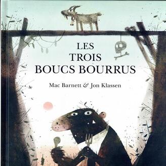 Un ogre, fourchette et cuillère en main, sous un pont de bois. Sur le pont, il y a un bouc.