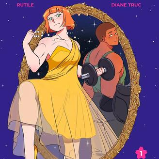 Une adolescente en robe jaune avec un haltère et un adolescent qui tient une selle et regarde la fille.