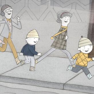 Dessin de 6 enfants qui courent sur un trottoir.