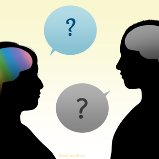 Deux silhouettes qui se font face avec des phylactères contenant des points d'interrogation
