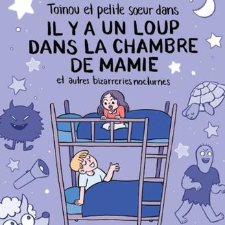 Une fille et un garçon dans un lit superposé entourés d’étoiles et de créatures surnaturelles.