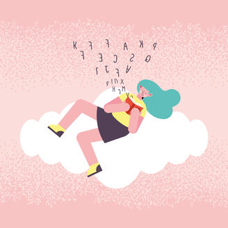 Une fille lis sur un nuage. Des lettres inversées sortent du livre.